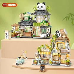 Mini City Street View Panda Restaurant Folding Building Blocks Little Bear Coffee House Architectural Toys Bricks Children Gifts