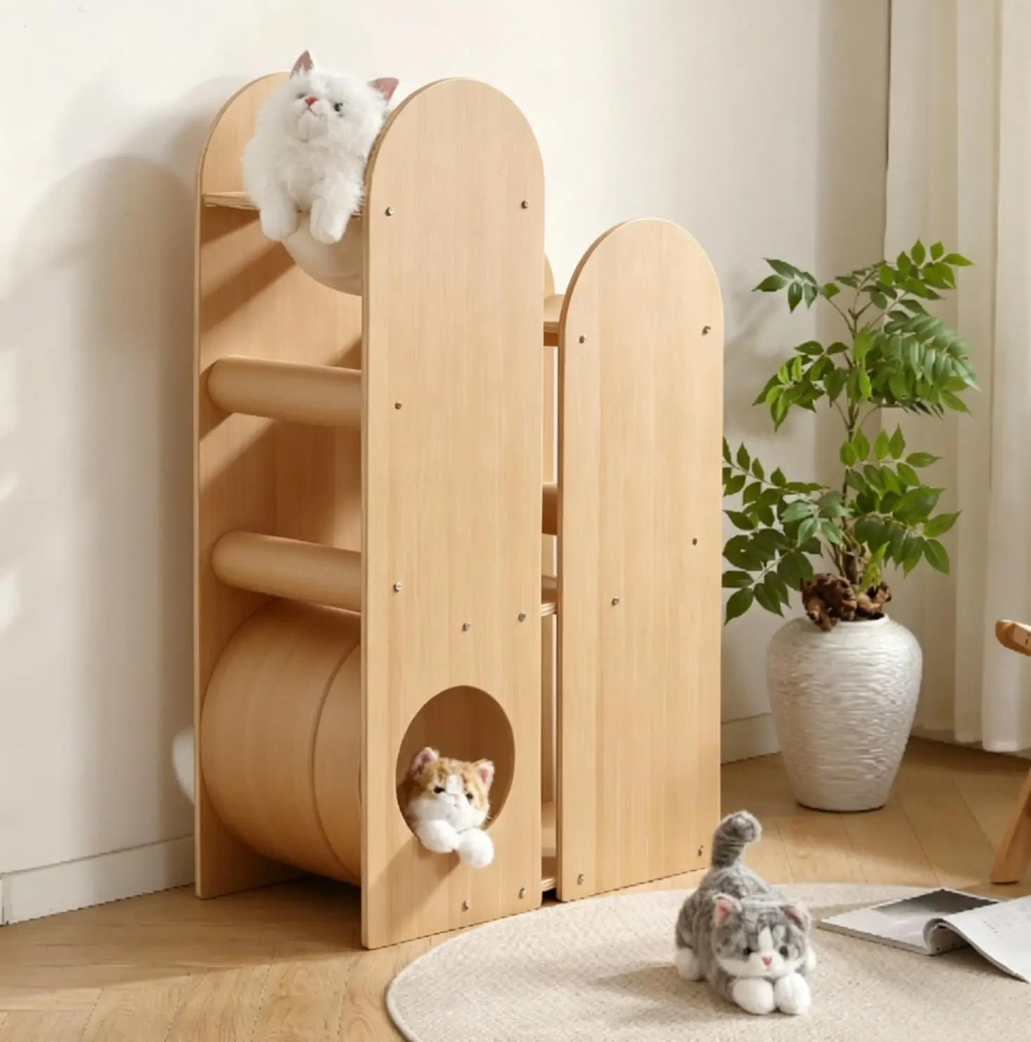 Modern Solid Wood Cat Tree Luxury Nordic Cat Climbing Frame Condo Hammock Sisal Scratching Post Eco-Friendly Easy Assembly Tree