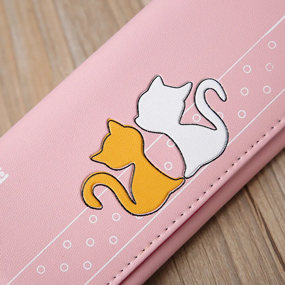 Длинные кошельки с милым котом для женщин, клатч из искусственной кожи с окошком для удостоверения личности, сумка для кредитных карт