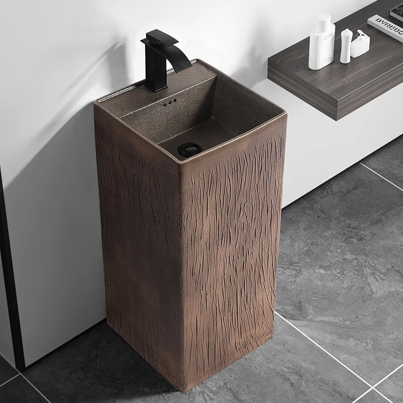 

Outdoor balcony hand washing basin integrated floor type retro ceramic column basin courtyard Chinese outdoor hand washing