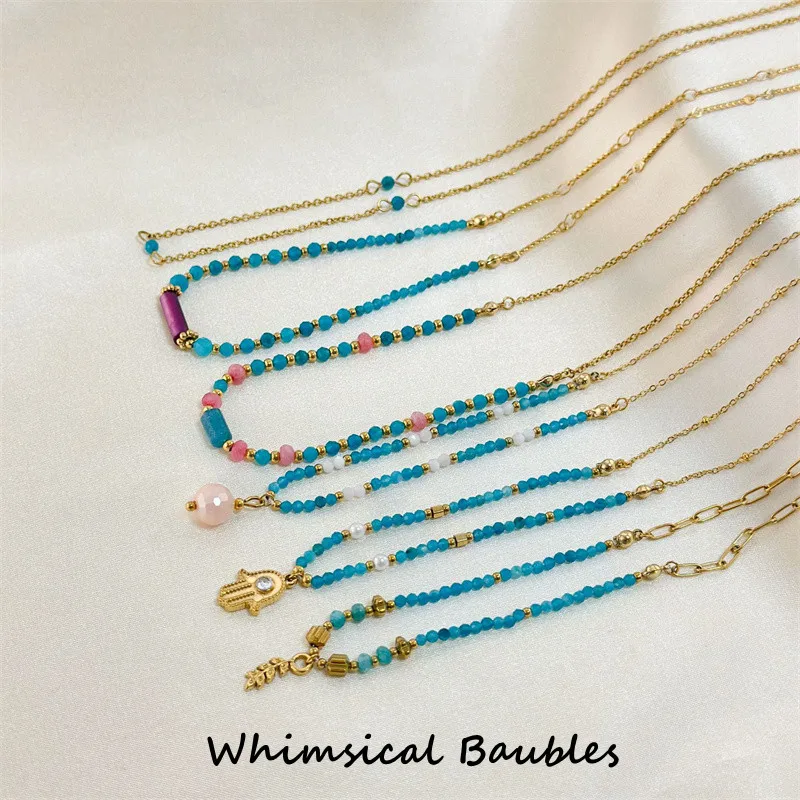 

Minimalist Handmade Stainless Steel Hamsha Beaded Necklace with Faceted Tiny Apatite Gemstone Beads Trendy Short Necklace