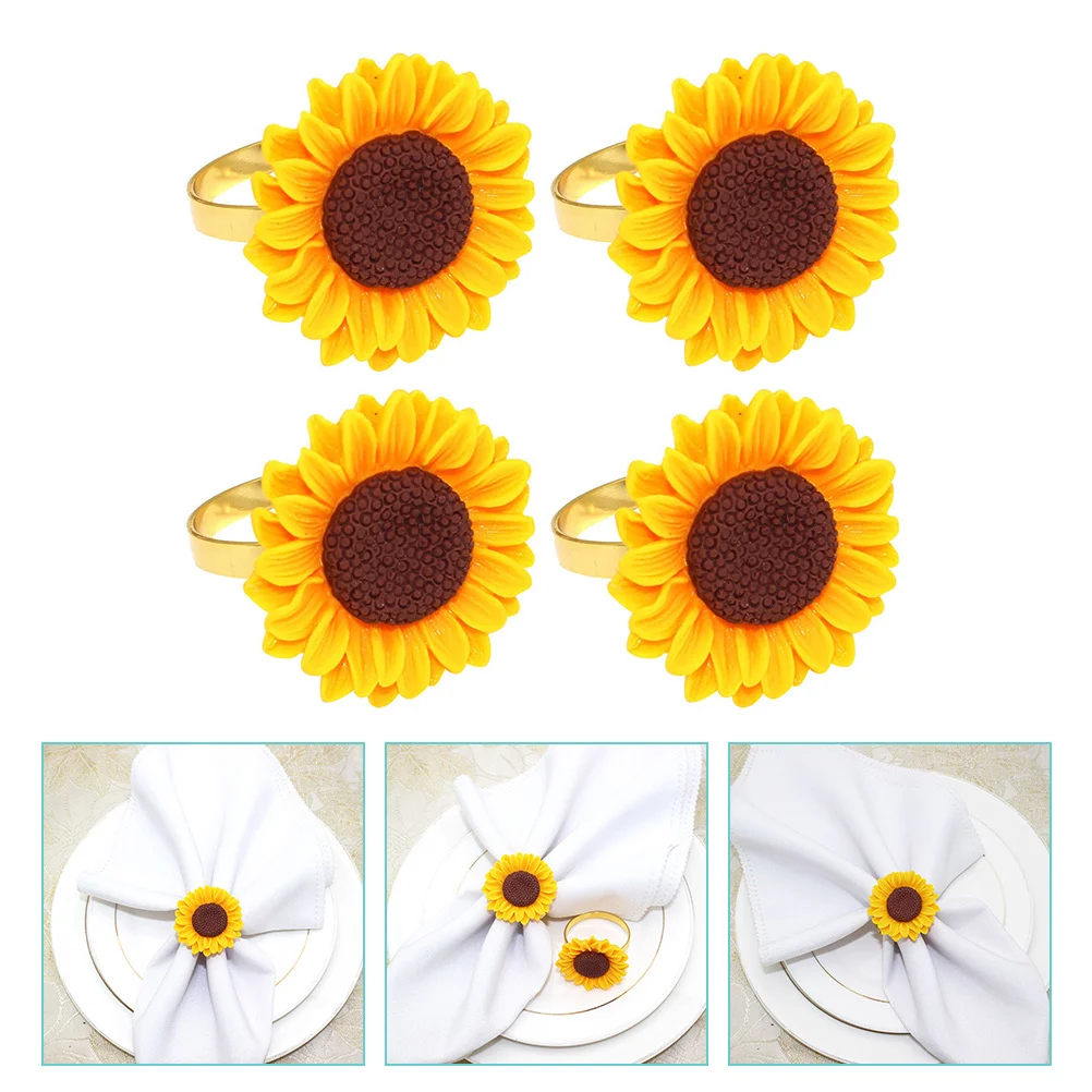 

4pcs Yellow Sunflower Napkin Ring Metal Napkin Buckle For Wedding Party Table Decoration Banquet Dinner Gathering Decor Kitchen