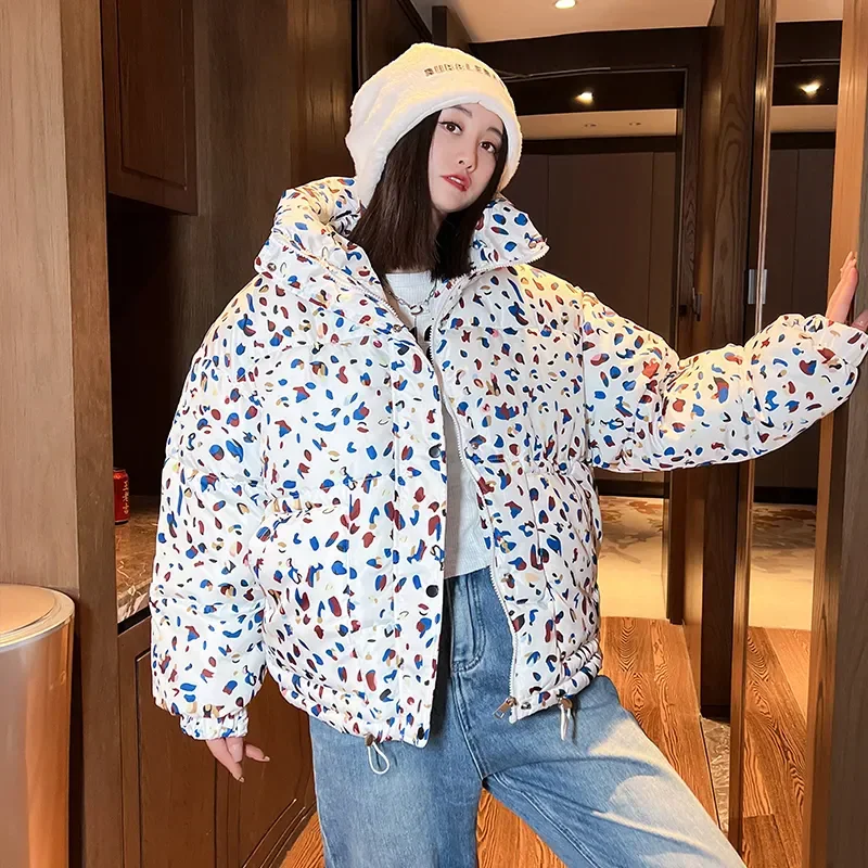 

New Winter Jacket Short Loose Padded Coats Printing Hooded All-match Fashion Korean Bread JacketsDown Cotton Coat Womens 2025