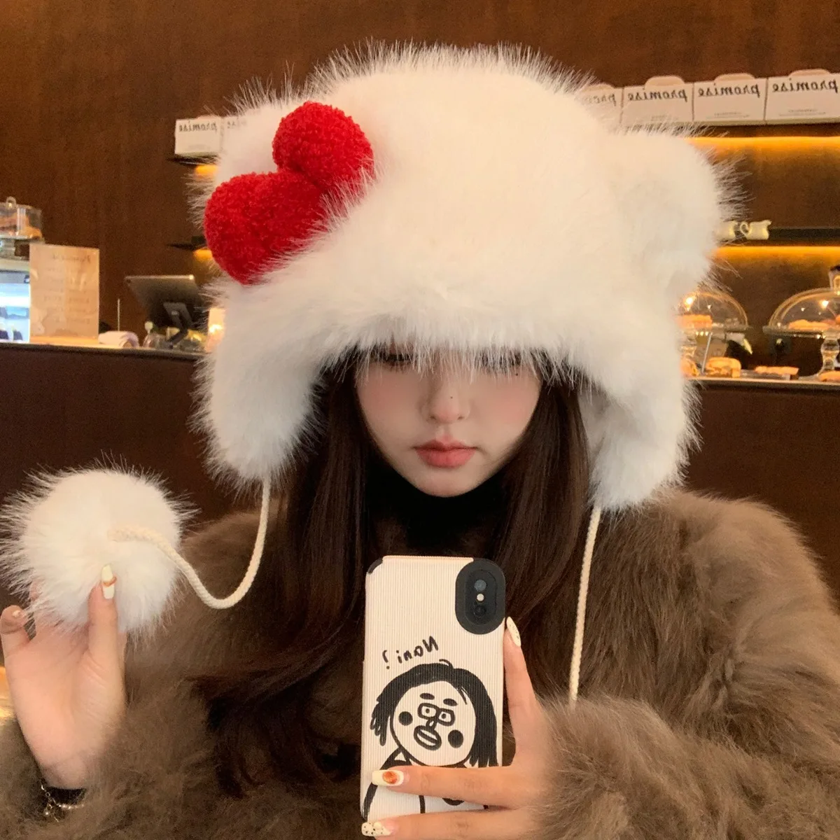 Plush thick warm hat tie Lei Feng hat sweet and cute bow KT ear protection Bao head knitted hat female trend