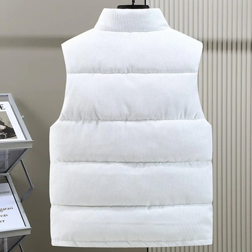 Rompi korduroi untuk pria, rompi korduroi warna polos kasual, mantel panjang tanpa lengan dengan kerah berdiri dan kantong berdiri
