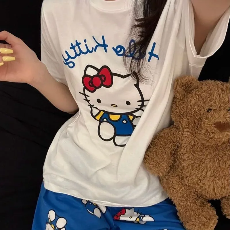 Hello Kitty Pajamas Kawaii Anime Cartoon Printing Sanrio Summer Short Sleeve Shorts Joker Home Clothing Suit Girls' Holiday Gift - view 4