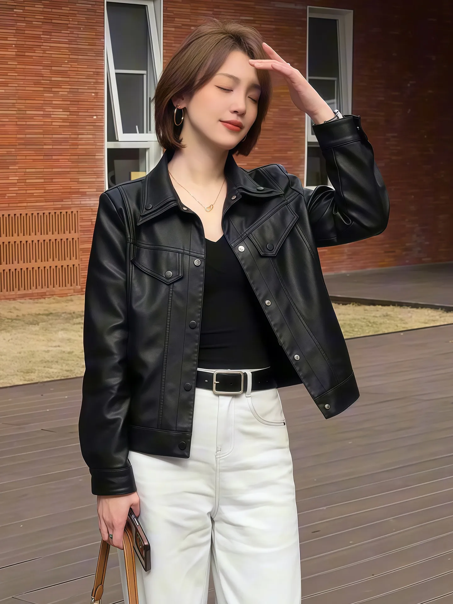 

Fashionable Short PU Leather Jacket Women's Casual Style Spring Autumn New Slimming Biker Coat Warm Long Sleeve Flip Collar