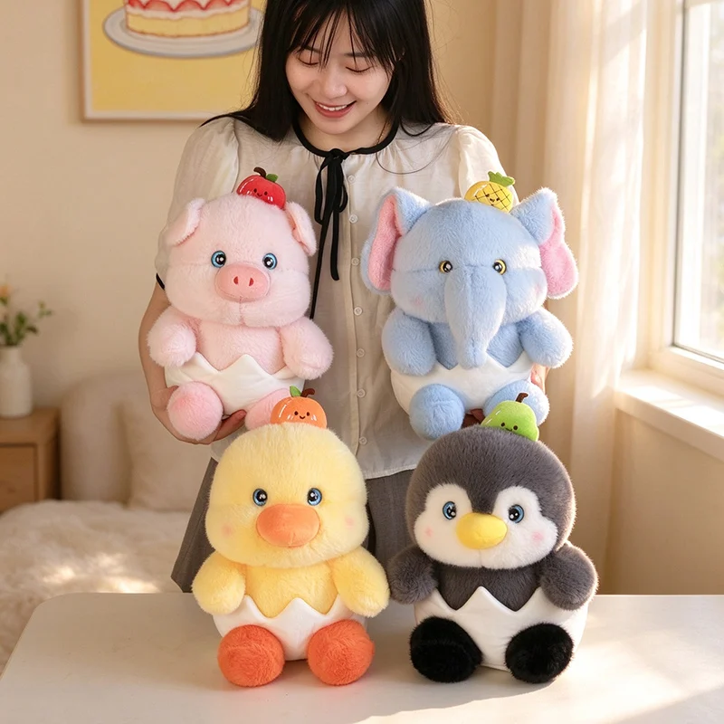 Soft Stuffed Egg Shell Animal Plush Toy Cartoon Pig Elephant Yellow Duck Penguin Plush Doll Fruit Ornament Kawaii Birthday Gift