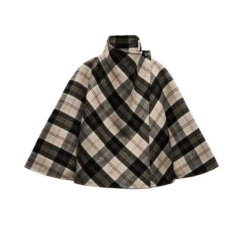 Spring New Asymmetric Hem Plaid High Collar Cowl Ne Coat Women's Loose Fit ort Outerwear Commute Sle Long Sve Polyester