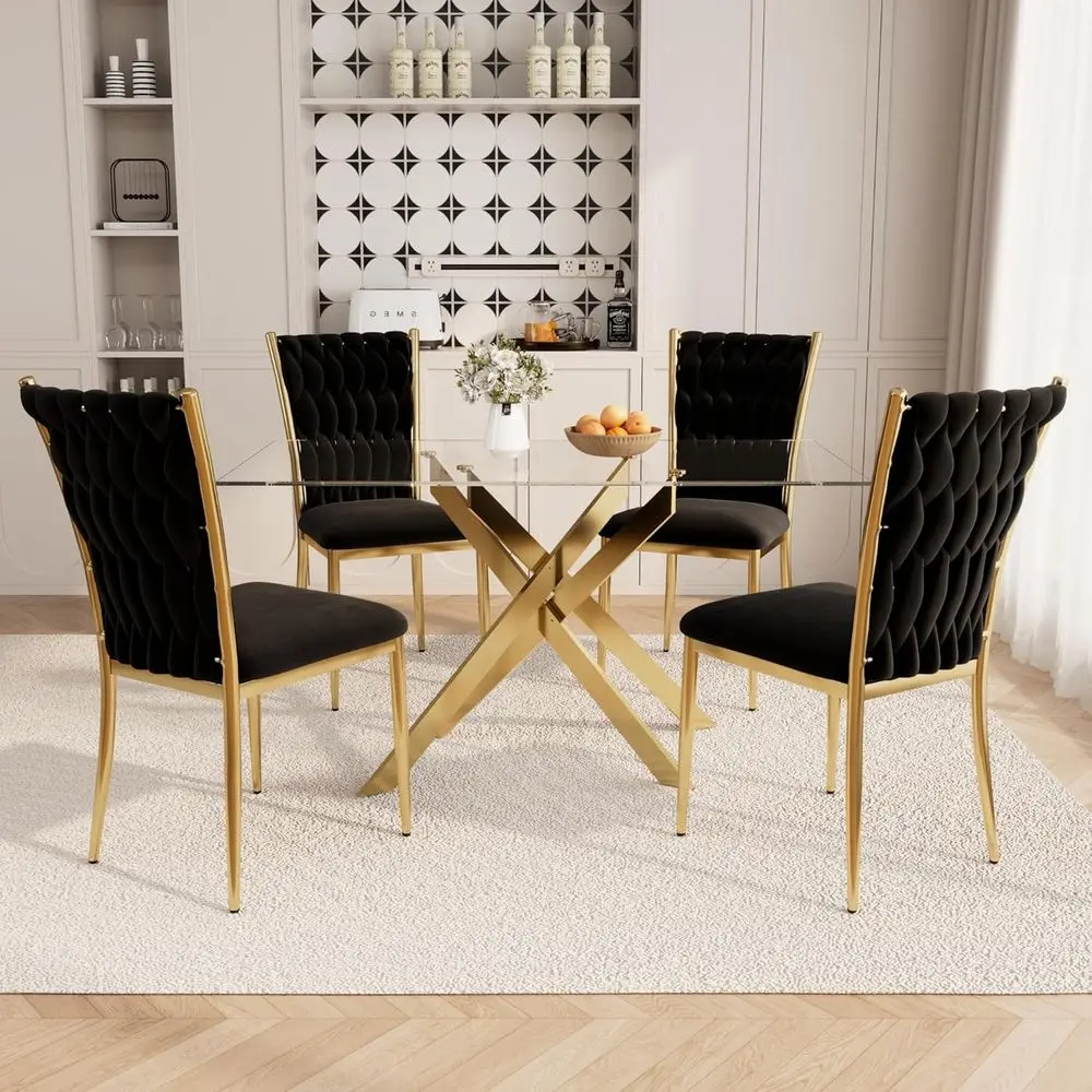 

Стеклянный обеденный стол 51 дюйм или прямоугольный стеклянный кухонный стол на 4 персоны с золотыми металлическими ножками и 4 обитыми бархатными обеденными стульями