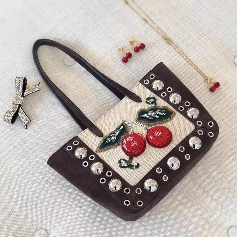 2026 Spring New Arrival Embroidered Cherry Rivet Single Shoulder Bag for Women Casual Simple Basket Handbag Niche Women's Bag