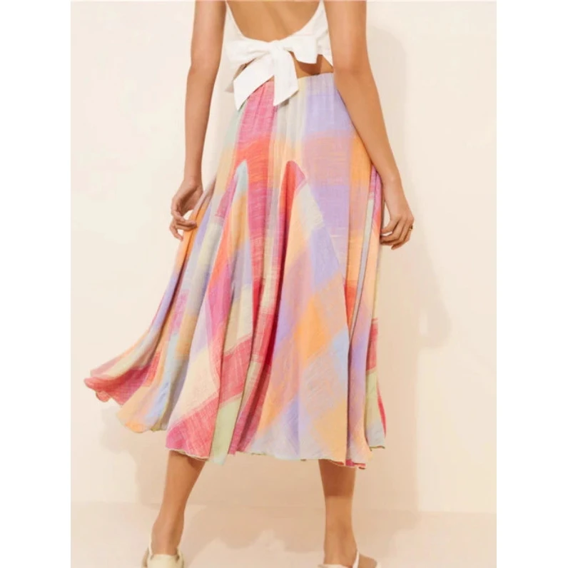 2025 New Autumn Plaid Elastic Waist Pleated Midi Skirt Forest System Summer Fashion Half-length Skirts Women's Premium Apparel