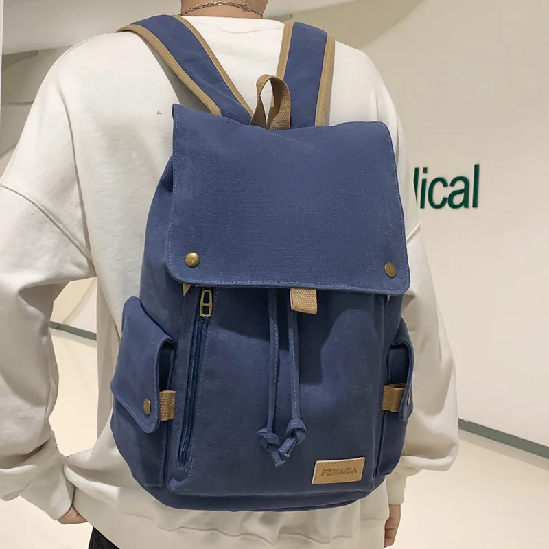 2022 Women\'s Fashion Beige Canvas Backpack Men\'s Contrast Travel Bag College Girl\'s Schoolbag Laptop Bag Student Mochila New