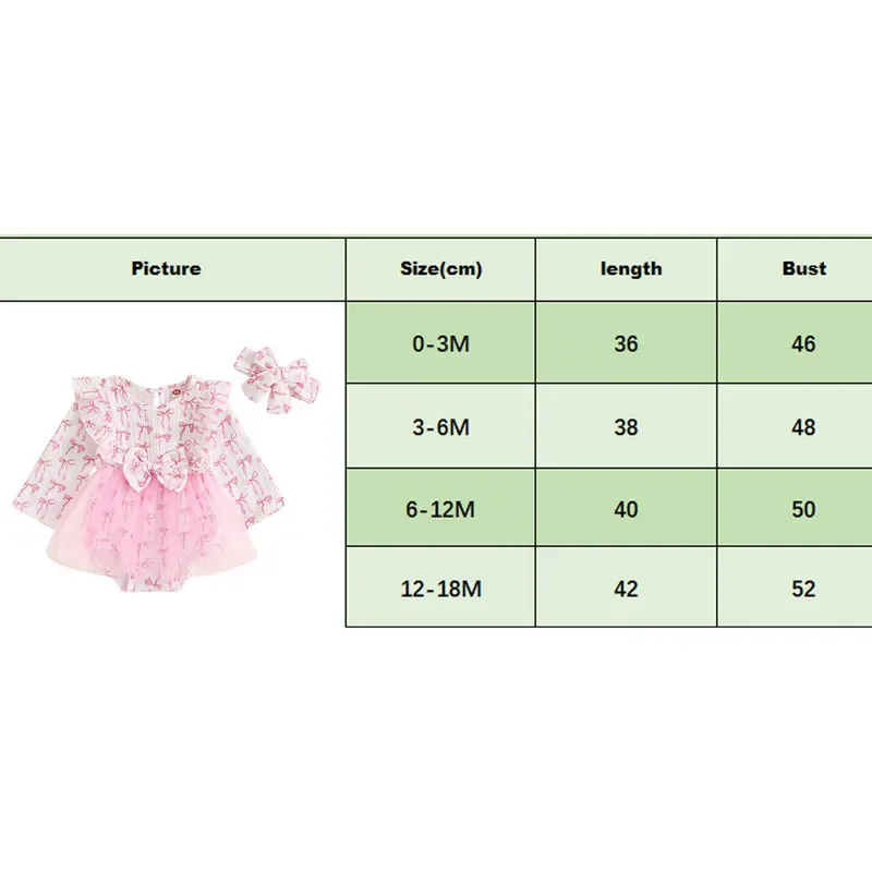 Baby Girl Bodysuit Bow Long Sleeve Crew Neck Tulle Skirt Hem Jumpsuit Headband Newborn Spring Autumn Clothes 0 to 18 Months