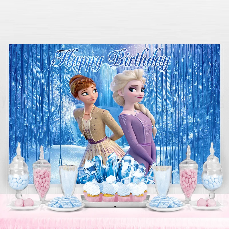 Disney Frozen Anna Elsa Princess Snowflake Cartoon Photographic Backdrops Background Birthday Party Decoration Custom Backdrop