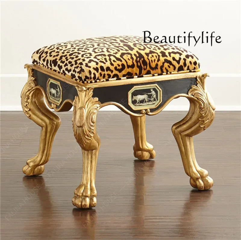 American European shoe changing stool full solid wood carving flower gold bedside shoe stool bedside fabric fashion