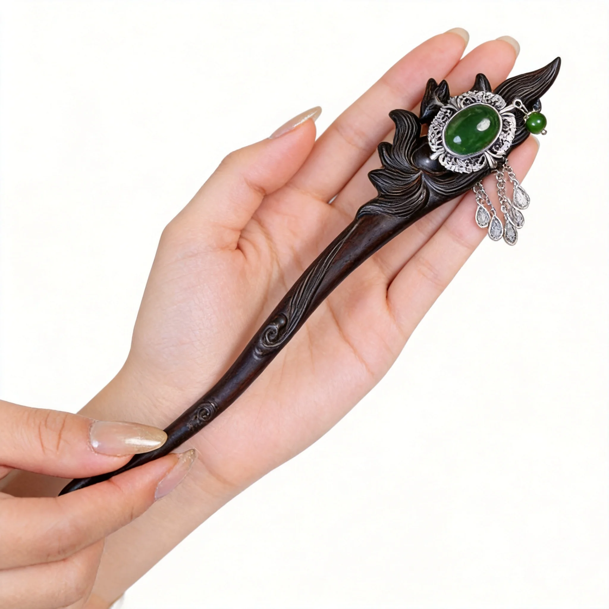 

Chinese Traditional Lucky Ebony Wood Fox Design Jade Inlaid Tassel Hairpin Vintage Oriental Auspicious Blessing Hair Jewelry For