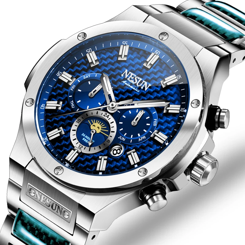 NESUN men's automatic mechanical watch, luminous fashion skeleton flywheel men's watch, calendar and day function