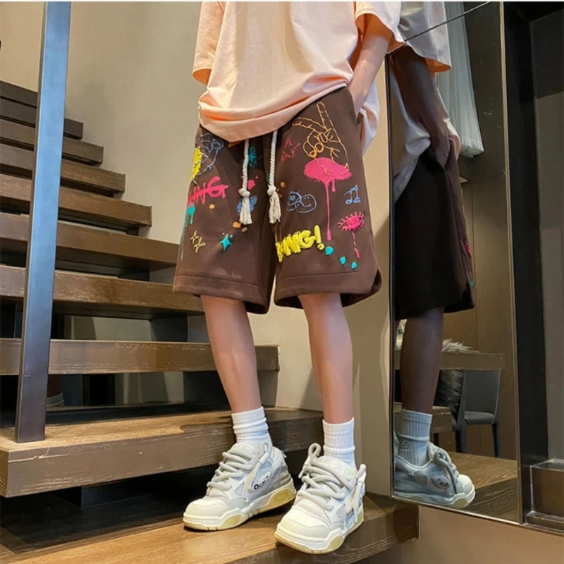 American Streetwear Pants High Waist Letter Print Pockets Lace Up Knee Length Pant Summer Casual Loose All Match Women Clothing