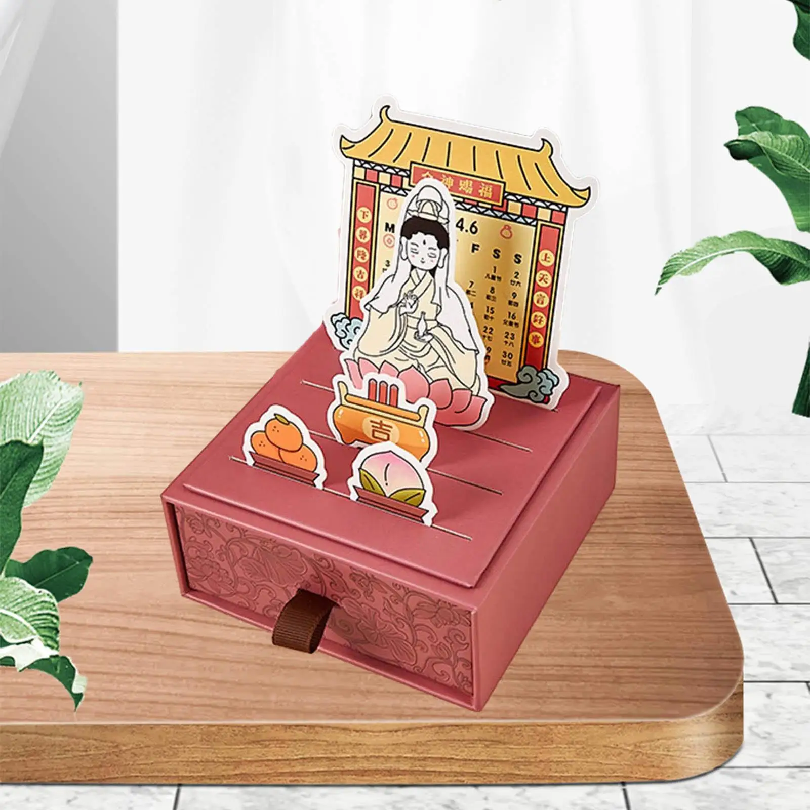 Drawer Calendar Desktop Decor Unique Table Centerpiece Chinese New Year Calendar for Farmhouse Apartment Office Living Room Dorm