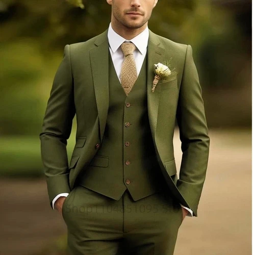 Imagen 2 del producto Esmoquin de boda clásico, trajes sólidos de 3 piezas, traje de padrino de boda ajustado, ropa Formal de negocios para hombre, ropa de fiesta (chaqueta + chaleco + pantalones)