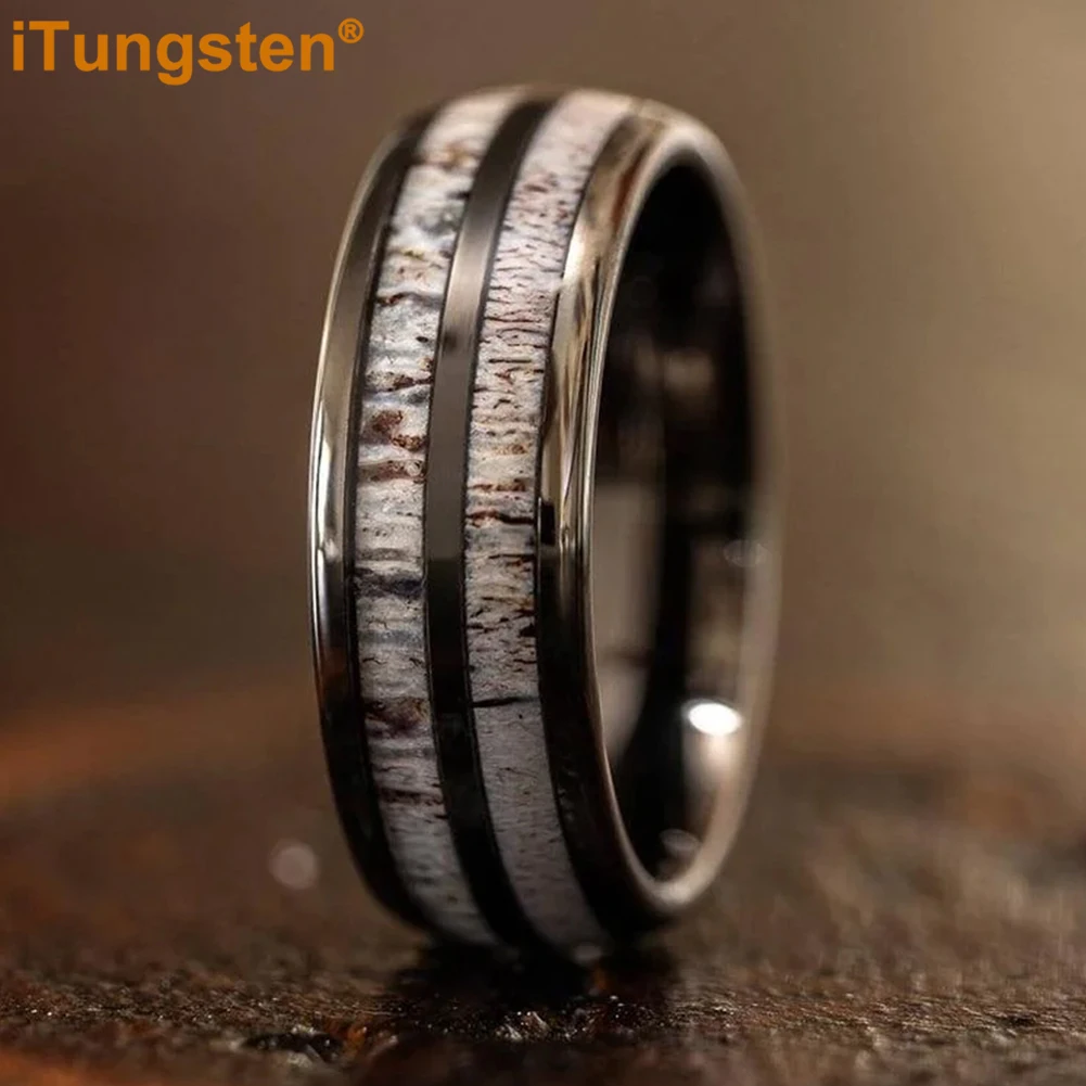 ITungsten 6/8mm Nice Engagement Wedding Band Tungsten Carbide Ring for Men Women Deer Antler Inlay Dome Polishing Comfort Fit