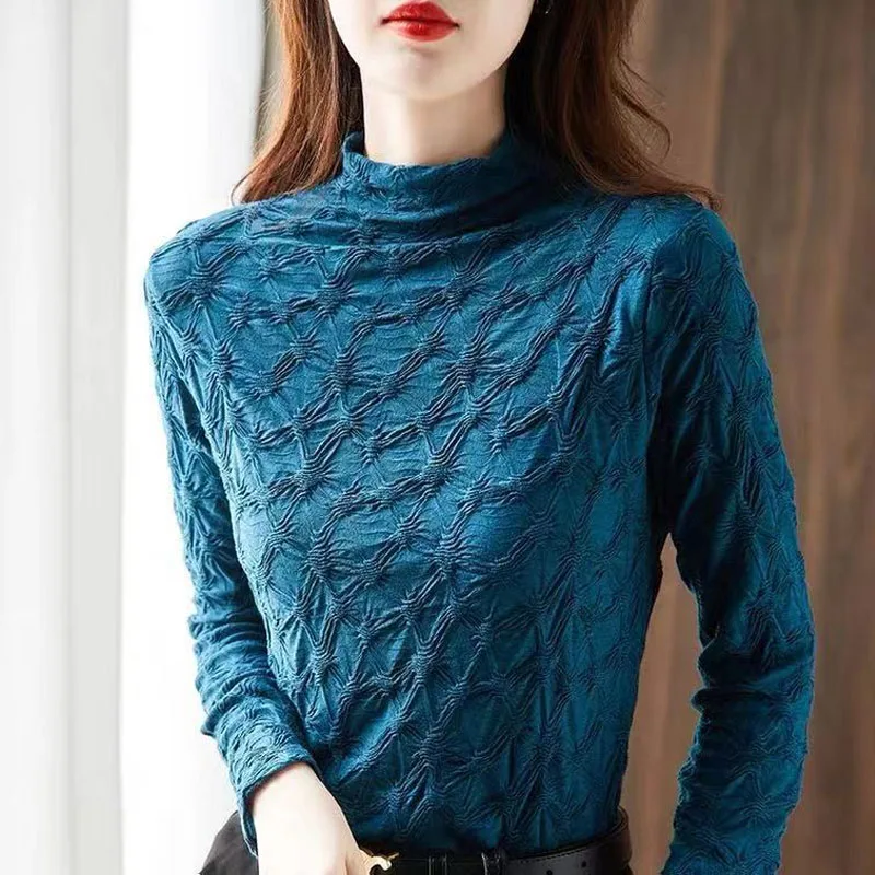 2023 Autumn and Winter Women\'s New Half High Collar Underlay Shirt Slim Fit Versatile Long Sleeve Temperament Knitted Top