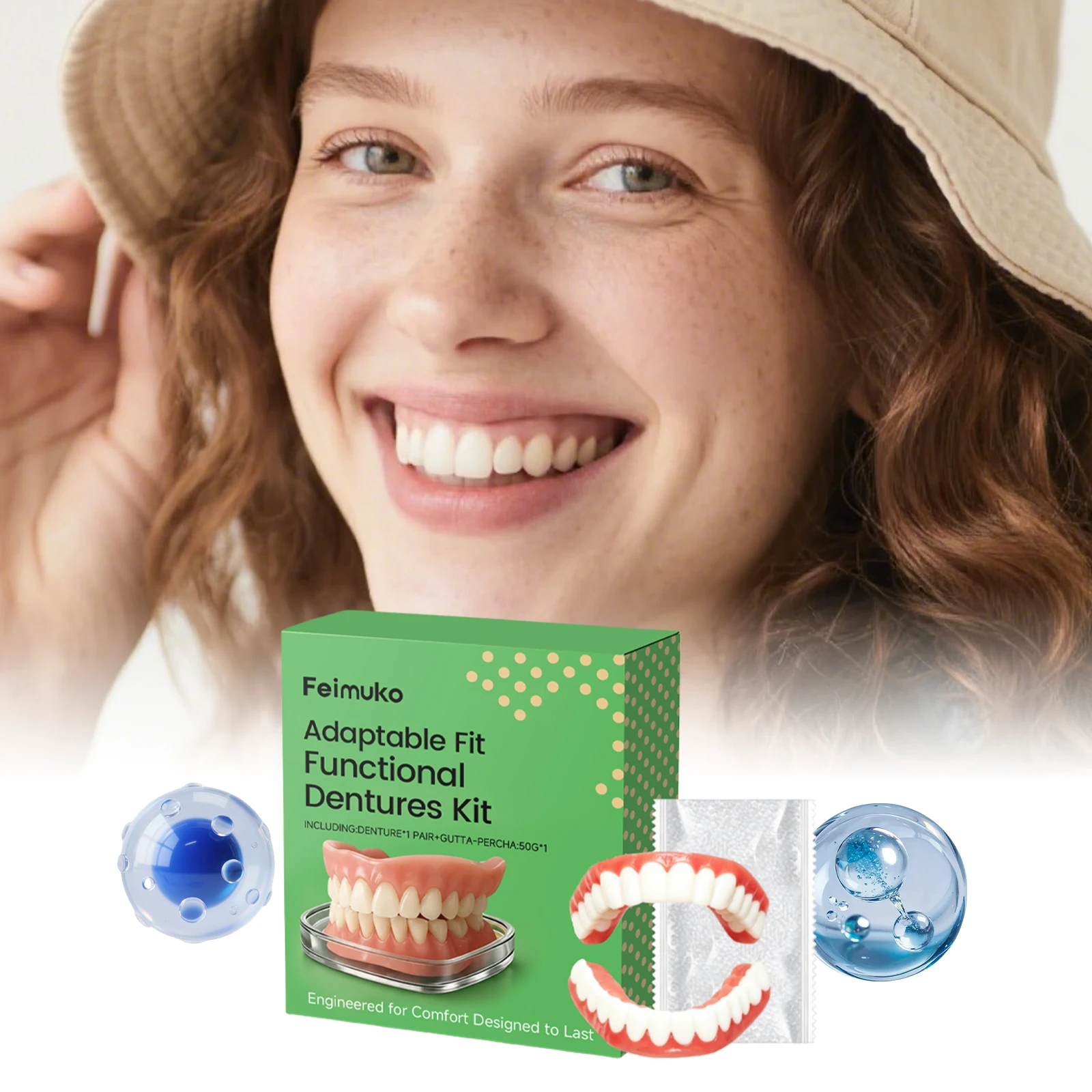 Feimuko Denture Set Natural Fit Oral Care Teeth Cleaning Kit Daily Hygiene Easy Apply Gentle Wear Dental Care Accessory