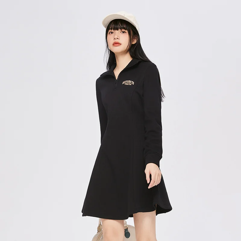 Semir Dress Women Polar Fleece Embroidery 2023 Winter New Stand-Up Collar Casual All-Match Dress