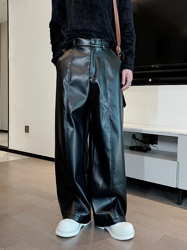 

Faionable Loose PU Leather Pants for Men Autumn Winter New Sle Wide Leg Knife Casual Trousers Motorcycle Sli