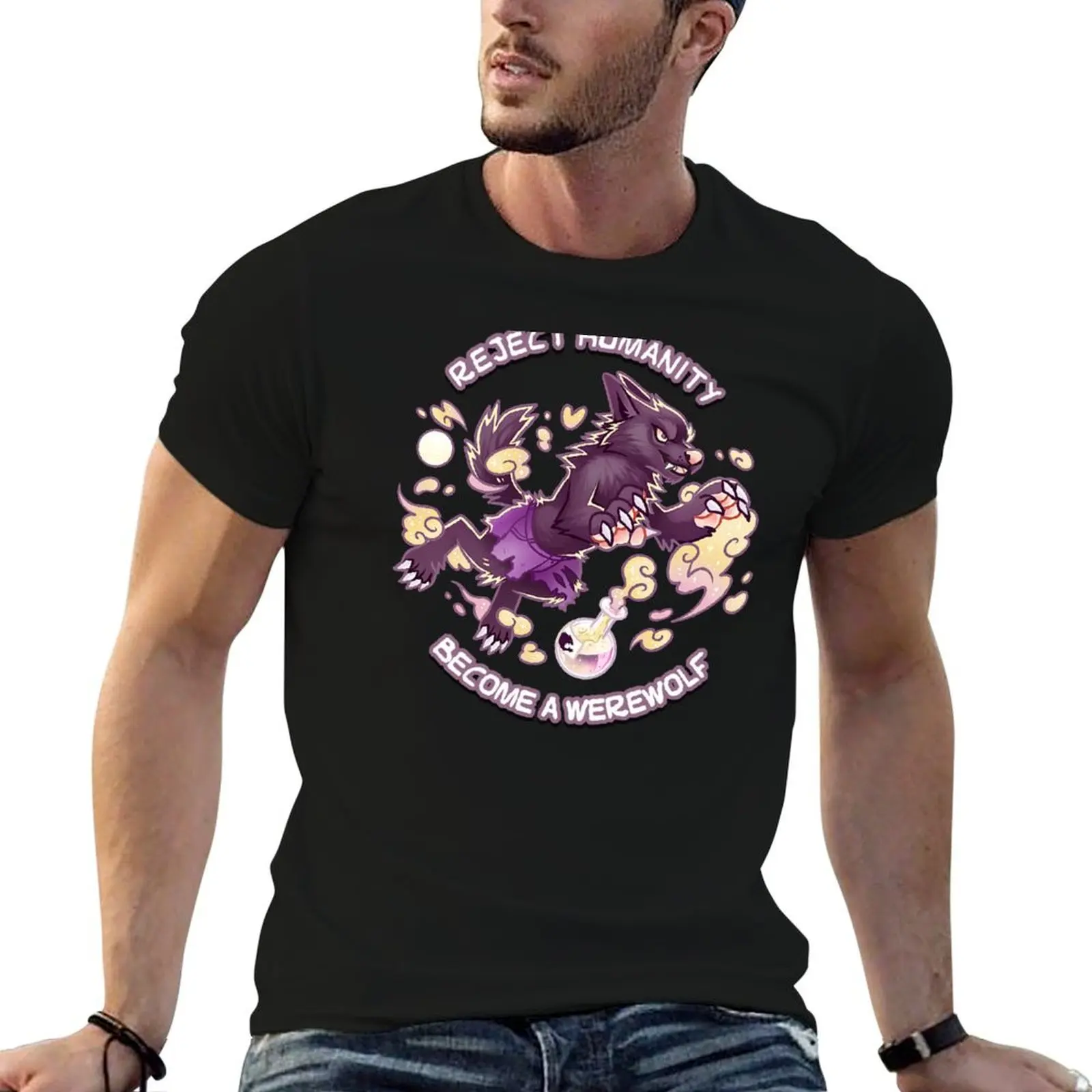 Reject humanity, Become a dark WEREWOLF! -Gray Potion T-Shirt Large Size Breathable Tee