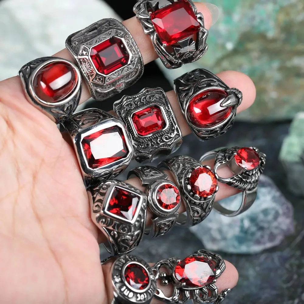 

European and American Vintage Pointed Zircon Men's Ring Vintage Stainless Steel Sealing Punk Men's Jewelry Rings Sizes 7-11
