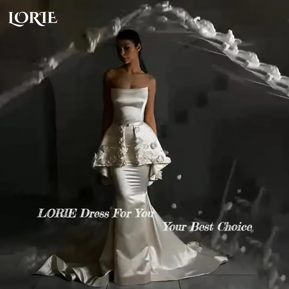 LORIE 3D Flower Wedding Dress Strapless Mermaid Bridal Gown Customized A-Line Floor Lenth Bride Dress Backless Saudi Dress Dubai