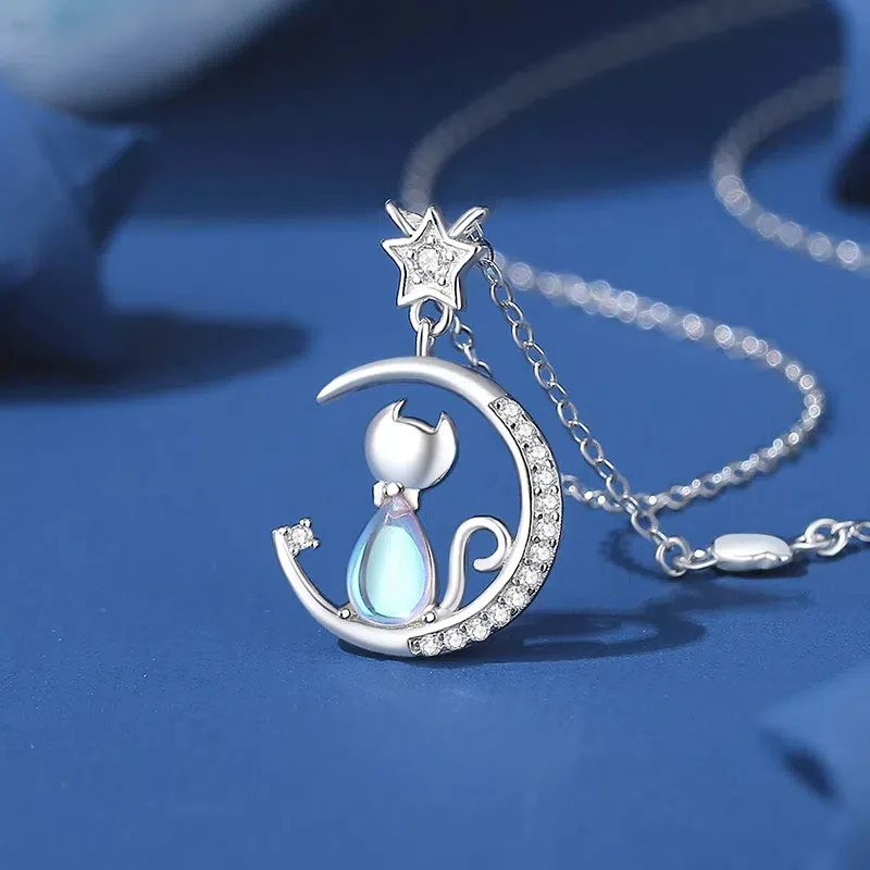 

S925 Sterling Silver Sparkling Pave Moonstone Cat Moon Pendant Necklace Clavicular Chain For Women Girls Birthday Gift Jewelry