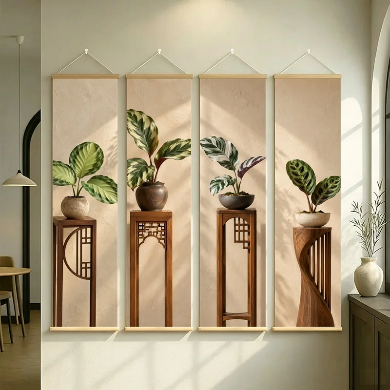 Wall Art White Fusion Calathea and Peacock Calathea, Wabi-Sabi Silver Shimmer Canvas Hanging Scroll for Yoga Studio Decor