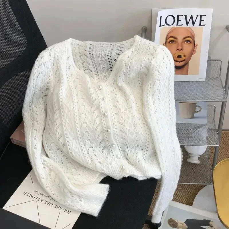 

Women Knitted Cardigan Sweater Jacket Fashion Spring Autumn 2024 New Versatile Leisure Thin Style Hollowing Out Ladies Top Coat
