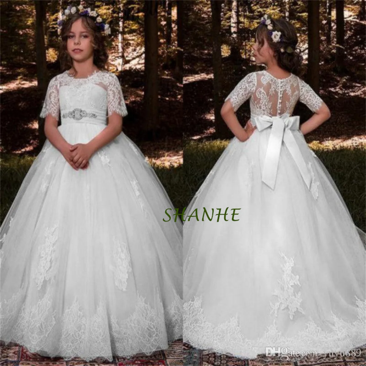 Bella principessa Flower Girl Abiti Appliques Fiori fatti a mano Una linea Sheer Neck Bambini Prom Party Abiti di compleanno Abito da spettacolo