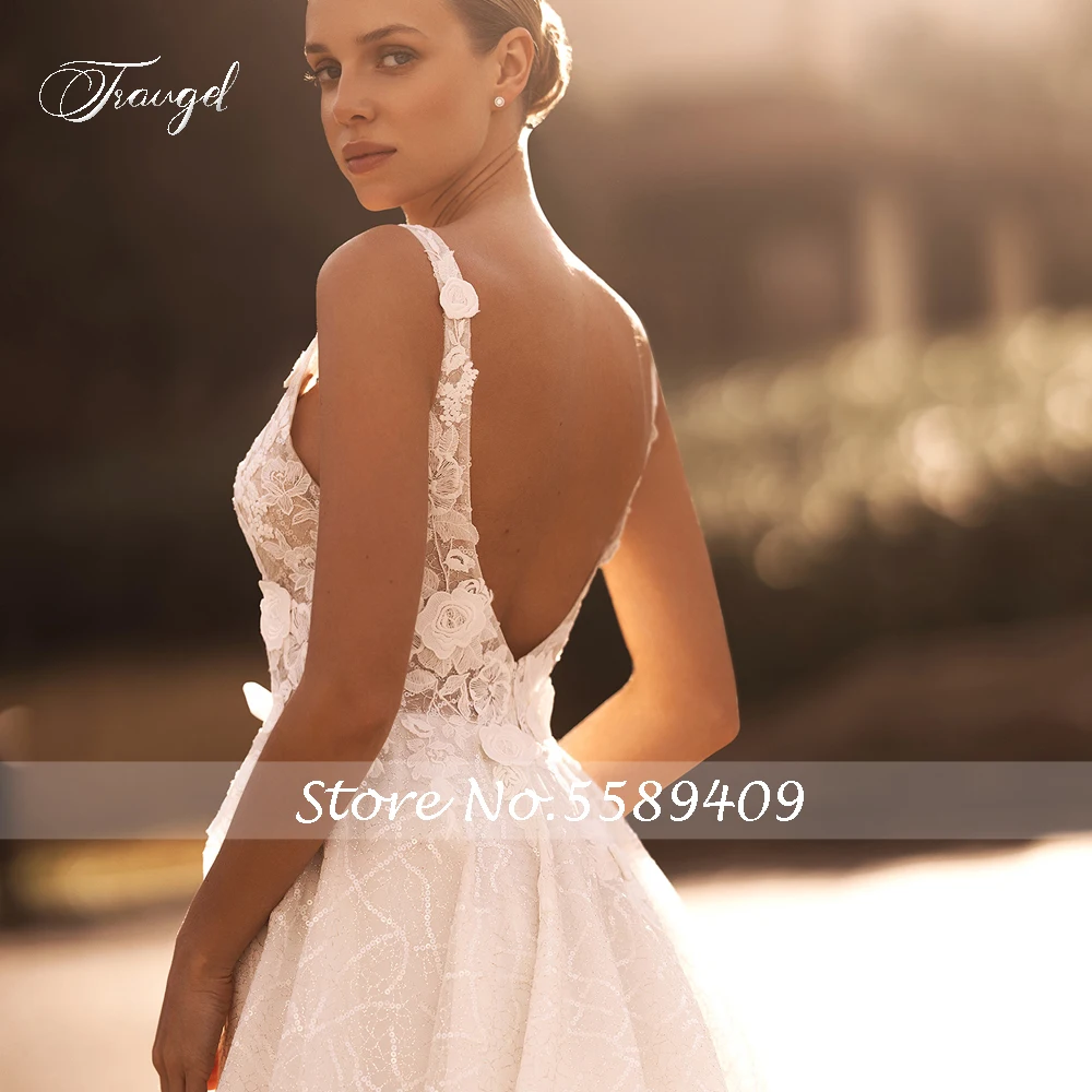 Traugel Sexy Backless V Neck Lace Vintage Wedding Dresses Delicate Tank Appliques Flowers Court Train A Line Bridal Gown