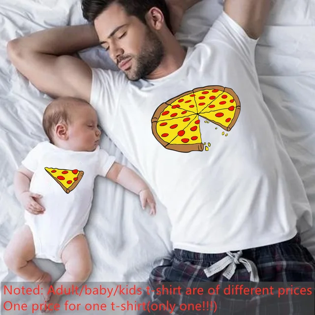 Funny Pizza Print Father Mother Kids T-Shirt Baby Bodysuit Cotton Summer Family Matching Outfits Mom Dad Children Match Clothes