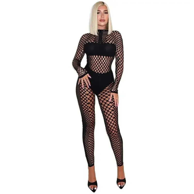 Sexy Fishing Net Style Stretch Jumpsuit Women Nightclub Party Long Sleeve Rompers Summer Female Slim Fit Pencil Long Pants 2024