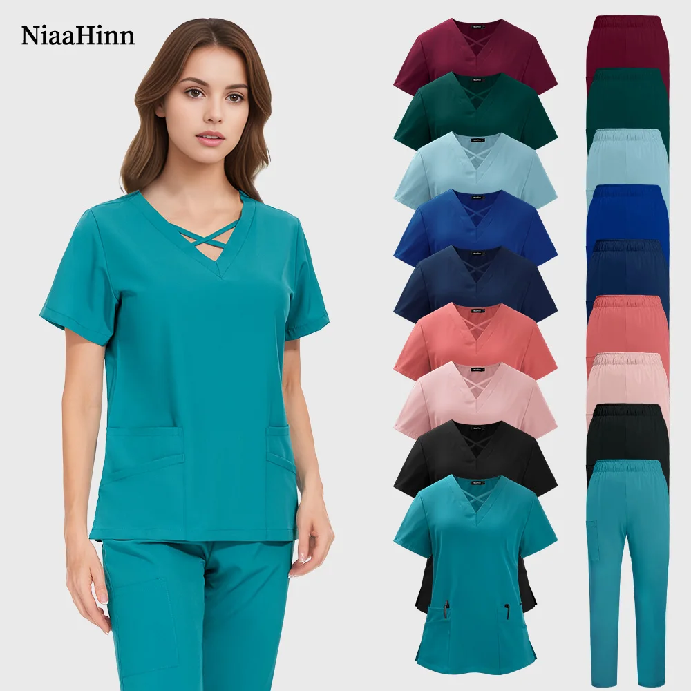 Niaahinn Pet Grooming Medical Uniform Breathable Doctor Set Nurse Accessories Surgery Top Pant Overalls Scrub Work Clothes Women