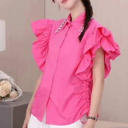 High Quality Diamonds Collar Cotton Blouses and Shirts For Women's 2024 Summer Short Sleeve  White Blouse Tops Blusas