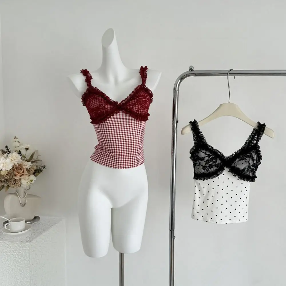 패션 스파이시 걸 스타일 민소매 크롭탑 V넥 메쉬 도트 여성 멜빵탑 슬림핏 스윗 레이스 캐미솔 패드 포함