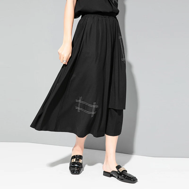 High Waist A-Line Skirt for Women Black Asymmetrical Slit Design Street Style Mid-Length Cotton Blend Skirt