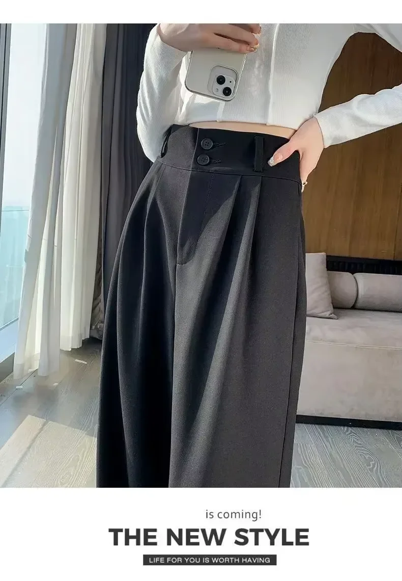 Elegante Weite Hosen für Damen im Koreanischen Stil mit Hoher Taille, Schwarze Baggy-Hosen, Büro-Damenmode, Lockere Anzughosen, Streetwear – Detail 6