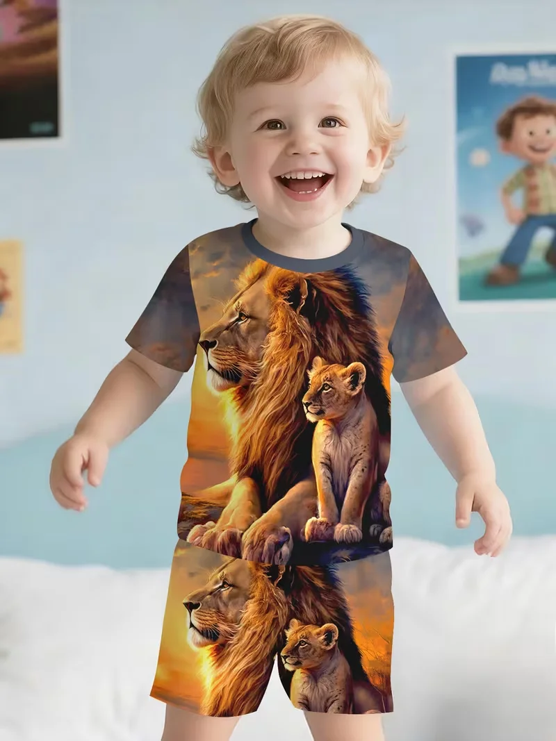 Boys 2Pcs Summer Outfit Lion Print Short Sleeve T-Shirt + Shorts Set Casual Sportswear Kids Streetwear Tracksuit