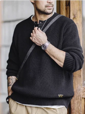 

Мужская рабочая одежда, вязаный свитер Генри в американском стиле ретро, черный свитер