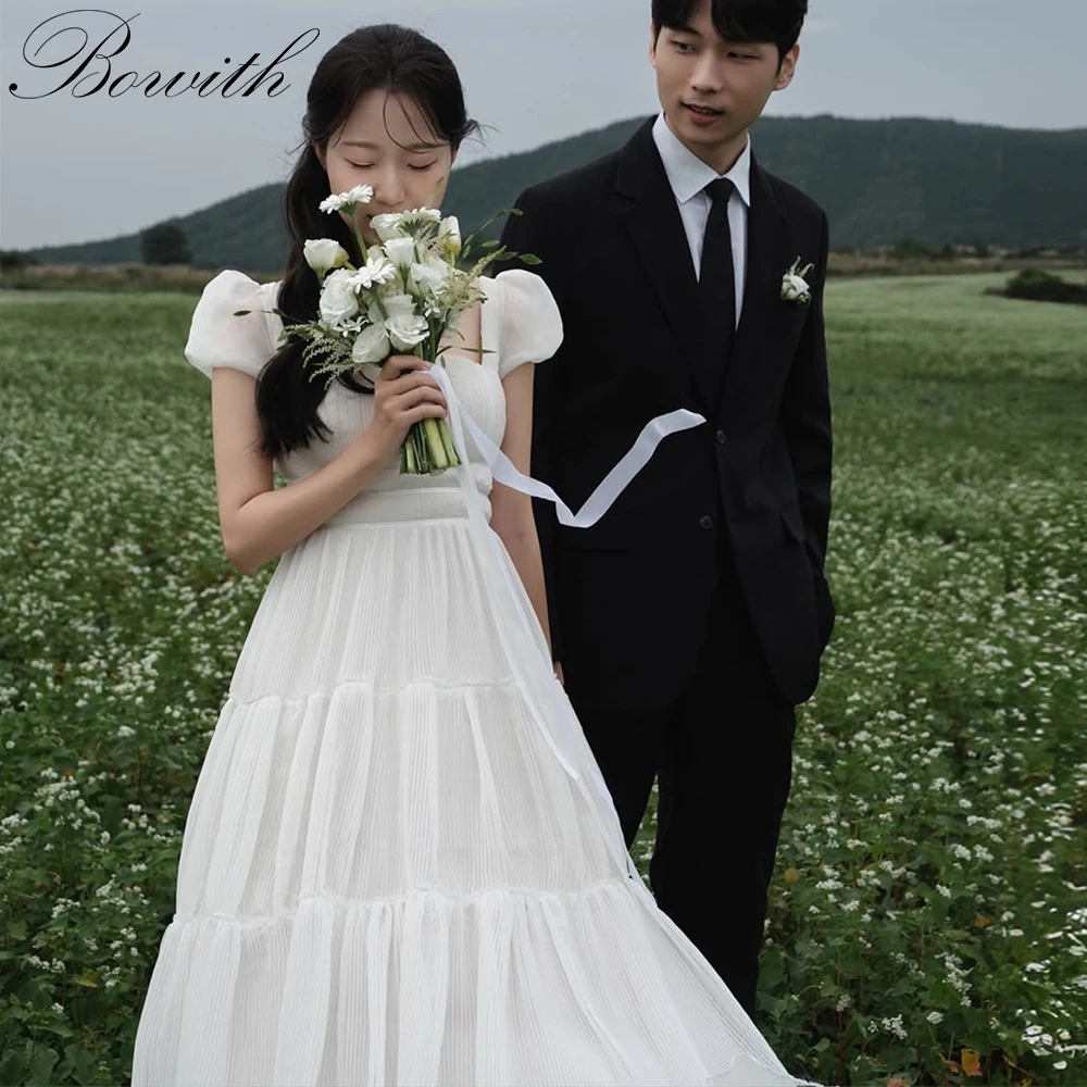

Bowith Korea Simple Taffeta A Line Wedding Dress Photo Shoot Short Sleeve Garden Prom Gown Long Tail 웨딩드레스 customized