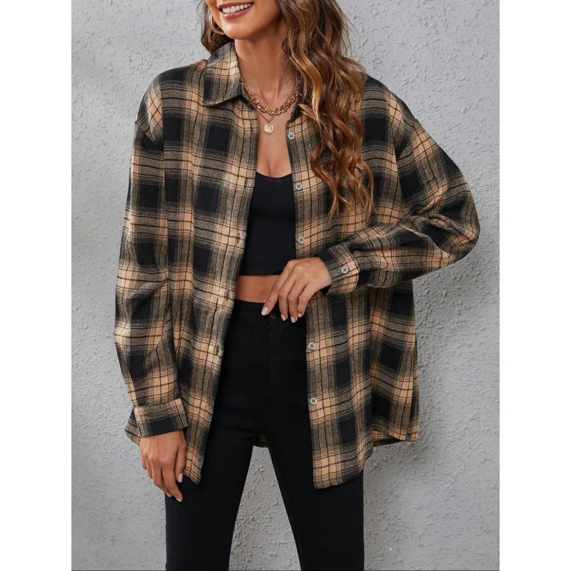 

Loose Plaid Casual Shirt Women's Spring Autumn Winter New Style Boyfriend Style Cross-Border Fashion Polyester Long Sleeve