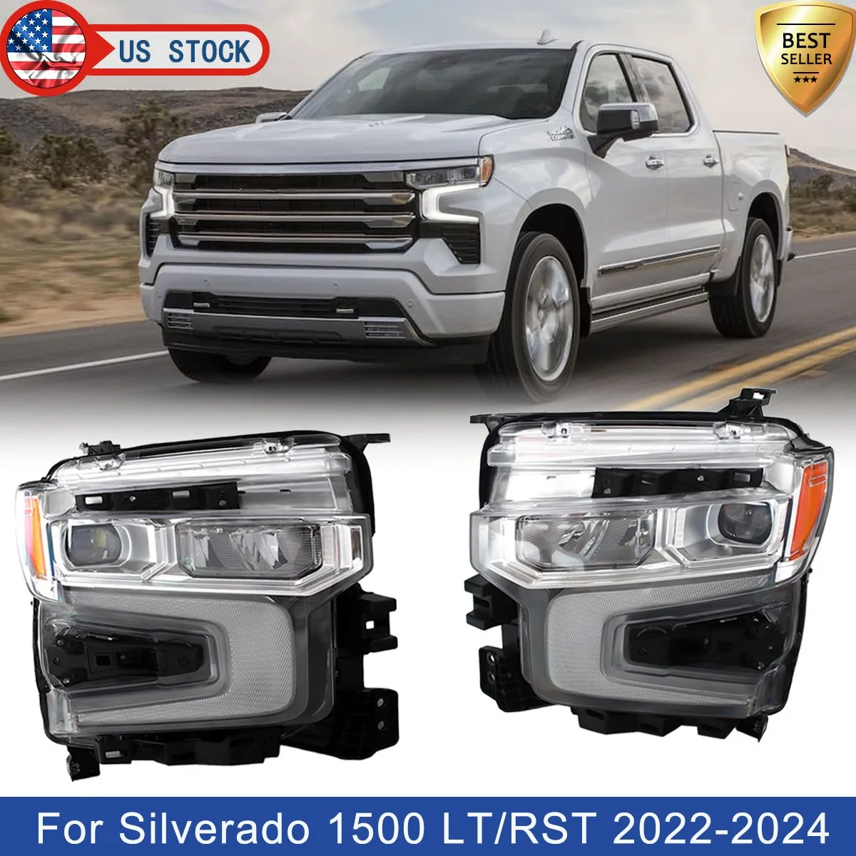 

For Chevy Silverado 1500 Car Front Headlight DRL LT RST 2022 2023 2024 Headlight LED Left Right Side Head Light Plug and Play